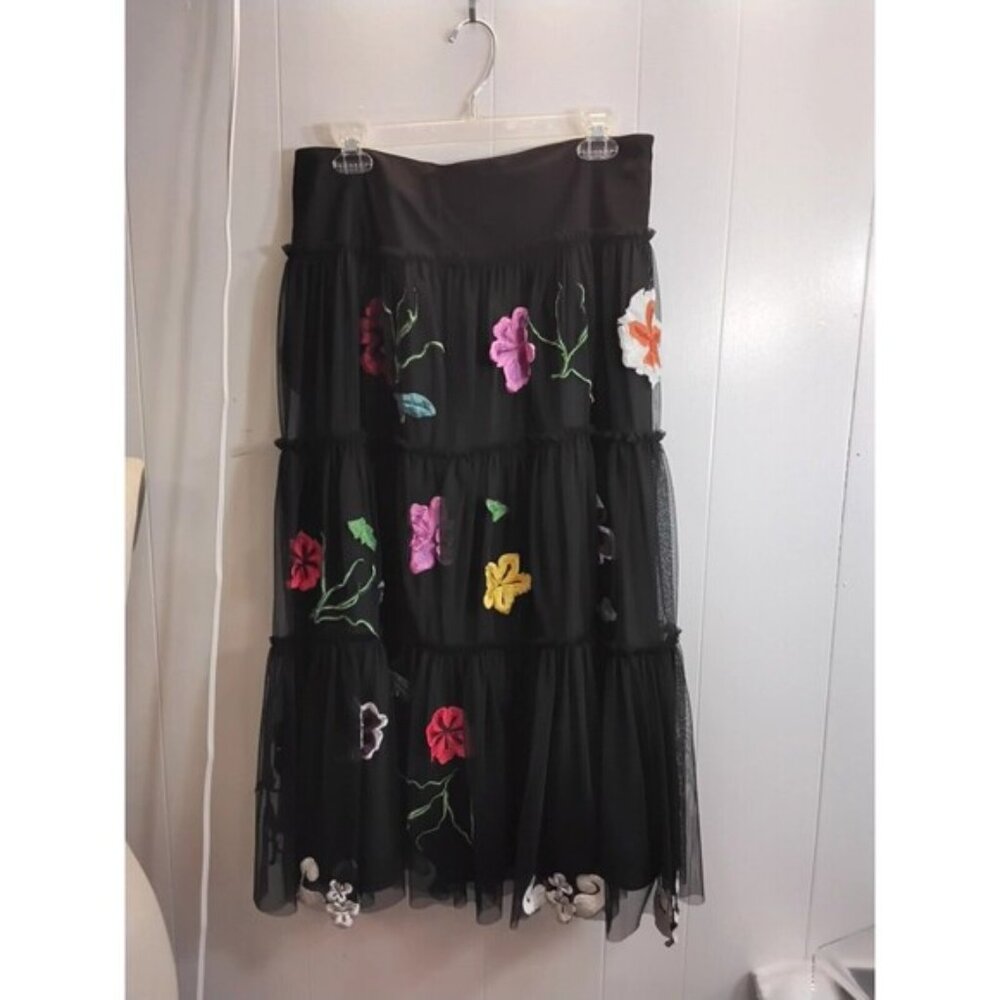 Kenar Tiered Embroidered Midi skirt  Black Size 10